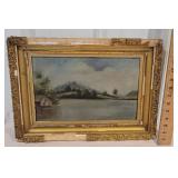 Oil on canvas-barn along the shore of water -