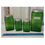 Green Hosier depression glass jars
