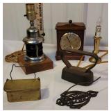 Box - brass match safe, small sad iron, clock,