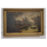 Early oil painting on canvas - ducks, house, on