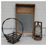 Box - washboard, barn lantern, and Adirondack