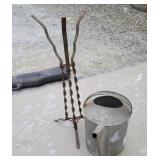 Galvanized watering can, iron plant stand base