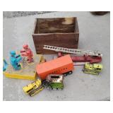 Toys and wood crate, tonka,