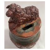 Redware bank w/ sheep -artist signed Pennsylvania