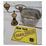 Galvanized bucket, lamp, plastic farm bureau sign