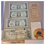 Young Republican button, $1,000 fake money bill,