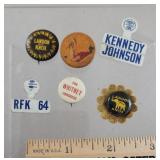 6 political pins - Kennedy, Landon knox, etc