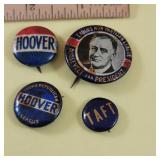 4 political buttons - Roosevelt, Hoover, Taft-