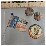 2 Harrison buttons, win with Willkie pin, &