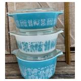 3 Pyrex turquoise Amish Butterprint lidded