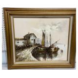 Framed Boness painting on canvas - fishing