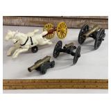 3 cast canons & horse drawn wagon