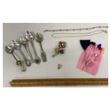 Hat pins, souvenir spoons & misc jewelry