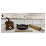 Coffee grinder, cast iron pan & a rolling pin