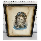Framed Currier & Ives print Little Flower Girl