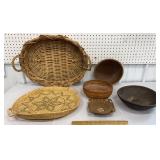 Basket of baskets & a carved wooden bowl