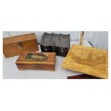 3 wooden jewelry boxes and collapsible bowl