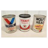 Valvoline, Texaco, wolves head oil cans 1 full no