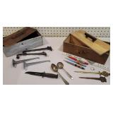 2 wooden boxes - USMC knife, nude pens, hooks,