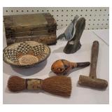 Carved Wooden bird, Indian basket, etc