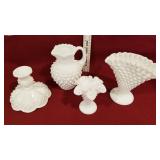 4 pcs. of milk glass Fenton, vase, candle holder,