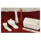 Fenton, milk glass, and red color bud vase,