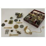 Box of tie clips, cuff links, tokens, patches