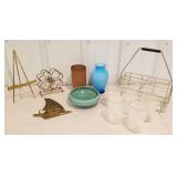 Pottery planter, bottle carrier, glasses, vase,