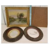 2 oval wooden frames, painting on canvas