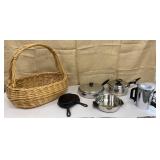 Basket of cookware & Wagner cast iron skillets