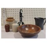 Box primitives - pewter pitcher, crocs, wooden