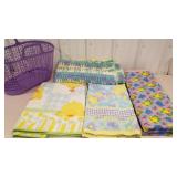 4 kids blankets, 1 knitted, with purple basket