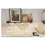 Linens, table runners, coca cola jug, 2 pictures,