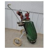 Golf clubs and cart