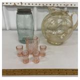 Pretty art glass pitcher, mason jar & mini pink