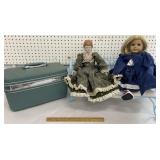 2 dolls, doll bed & vintage luggage