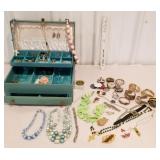 Jewelry box, watches, necklaces, earrings, and