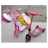 2 kids scooters and helmets