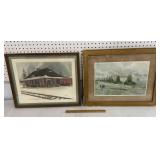 2 piece framed art - train station & sailboats