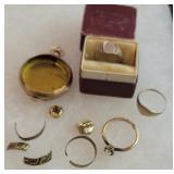 Jewelry lot - gold capped tooth, broken rings,