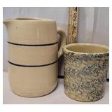 Stoneware pitcher & Roseville utensil crock