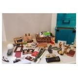 Misc lot of office supplies, radio, candles,