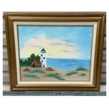 P.S. Young painting on canvas - lighthouse along