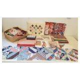 Lot of quilting books, fabric, pillow,