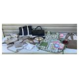 Girly items - purses, apron, dresser set, fan