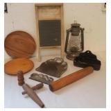 Primitive lot - wooden plates, wash board, oil
