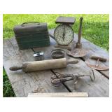 Cool rusty primitives - lunch box, scale, kitchen