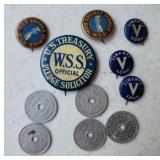 Pinback Treasury buttons, Washington tax tokens,