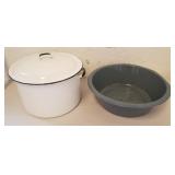 White enamel pan with lid, gray enamel wash pan