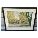 Framed print - fall scene w/ farmer & barn approx